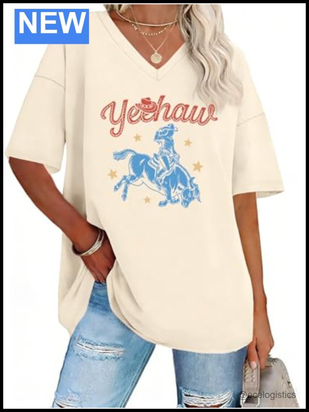 Oversized Western Graphic Tee V-Neck Short Sleeve T-Shirt